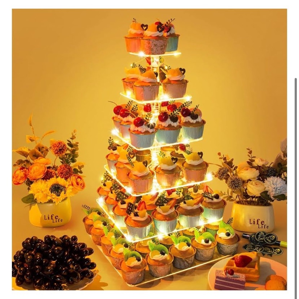 6-Tier Acrylic Cup cake Stand Display Tower with LED String Lights